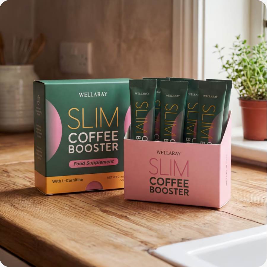 Boîte et sticks de Slim Coffee Booster sur un plan de travail de cuisine