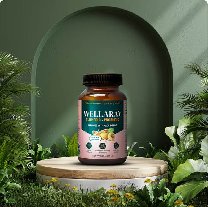 Flacon Wellaray Turmeric + Probiotic Blend sur un podium